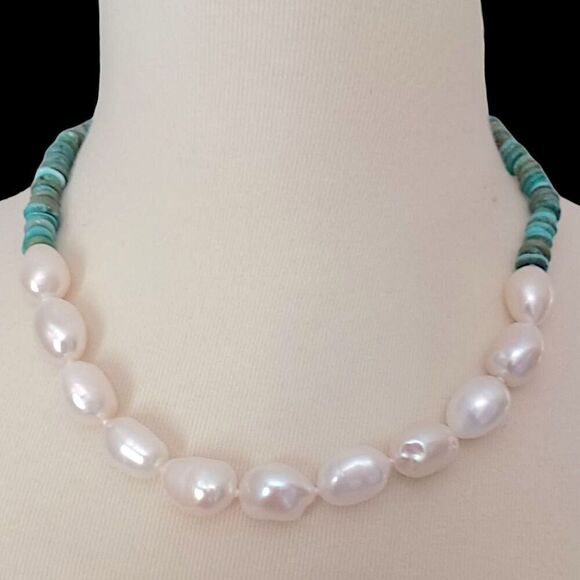 Turquoise Baroque Pearl Necklace Sterling Silver Toggle WW Kingman Western - Picture 7 of 16